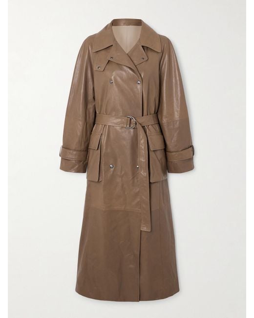 Brunello Cucinelli Natural Bead-Embellished Belted Double-Breasted Leather Trench Coat