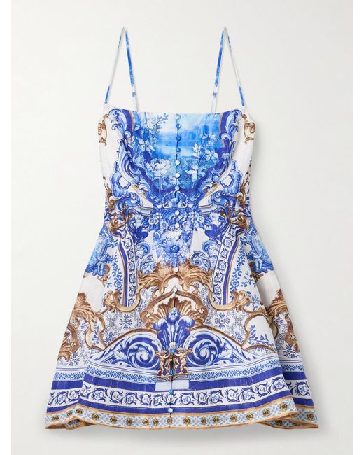 Camilla Blue Pleated Printed Linen And Silk-Blend Mini Dress