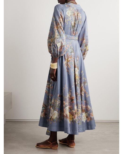 Zimmermann Blue Tallow Floral-Print Cotton-Voile Midi Wrap Dress