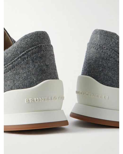 Brunello Cucinelli Gray Metallic Leather-Trimmed Wool Sneakers