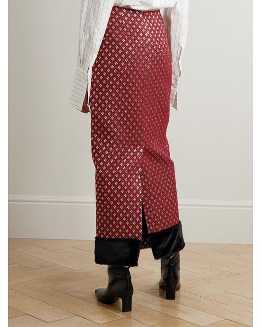 D'Estree Red Monica Plush-Trimmed Metallic Jacquard Midi Skirt