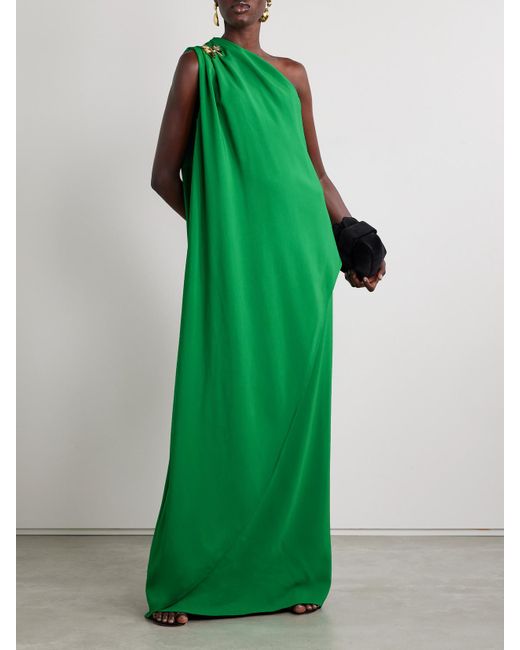 Oscar de la Renta Green One-Shoulder Embellished Draped Cady Gown