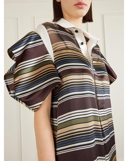 Sacai Gray Striped Organza And Satin Midi Dress