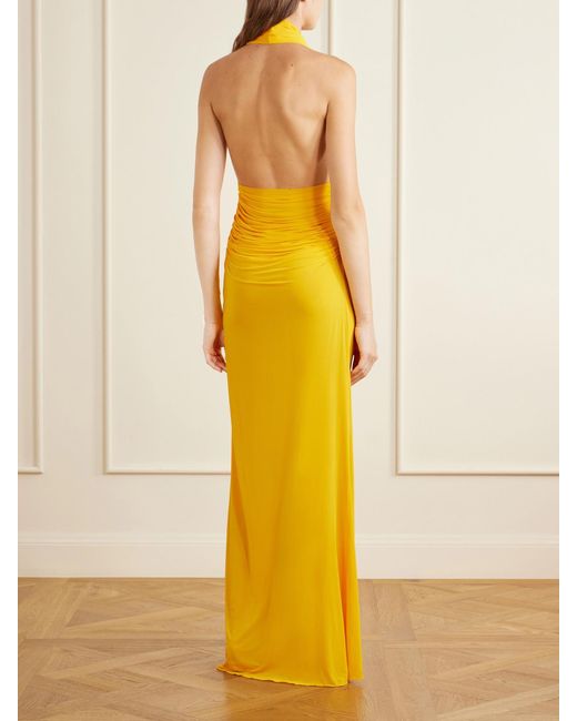 Alex Perry Yellow Halterneck Ruched Jersey Gown