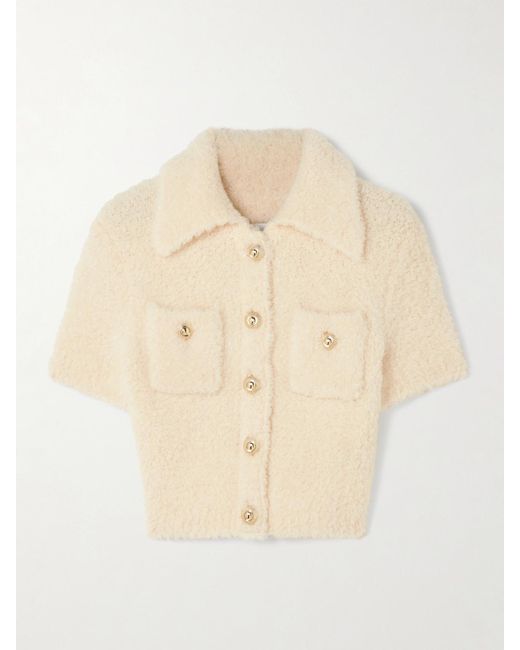 Self-Portrait Natural Cropped Embellished Wool-Blend Bouclé Top