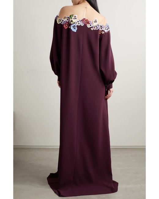 Oscar de la Renta Purple Appliquéd Tulle-Trimmed Silk-Blend Crepe Gown