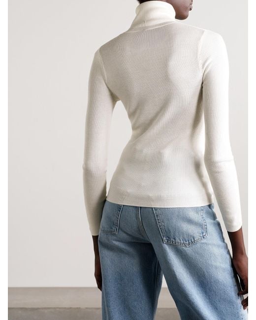 Twp White Ribbed Merino Wool Turtleneck Sweater