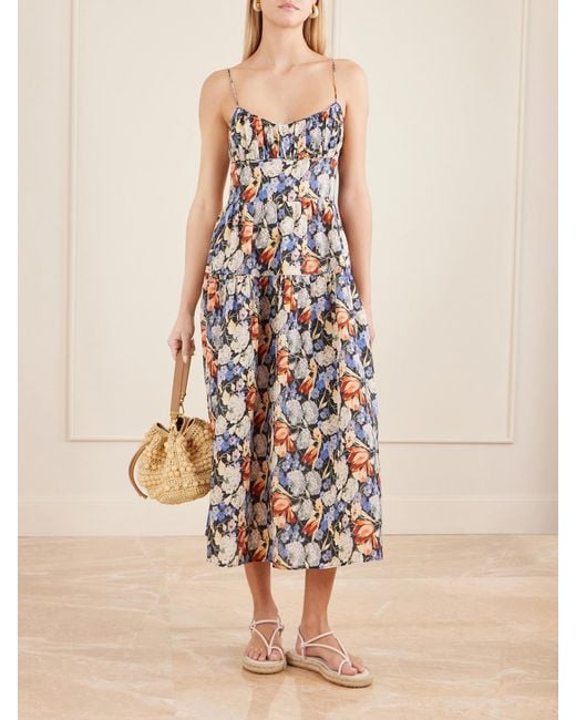 Doen White Benoit Tiered Gathered Floral-Print Ramie Midi Dress