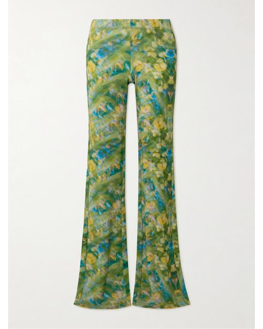 Siedres Green Floral-Print Stretch-Jersey Flared Pants