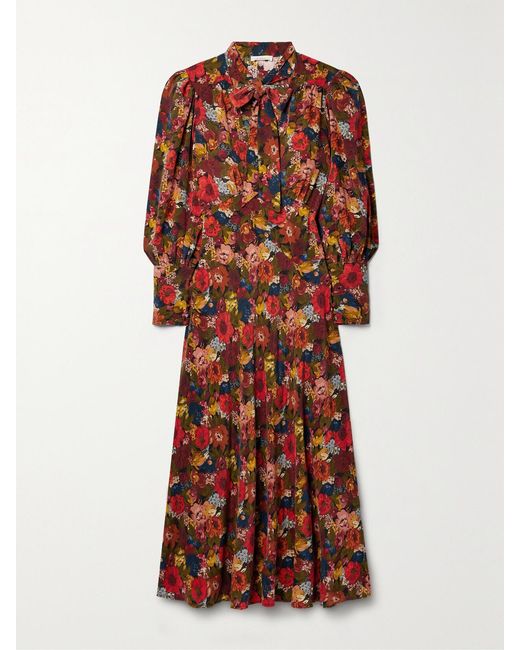 Doen Red Blossom Pussy-Bow Floral-Print Silk-Crepe Maxi Dress