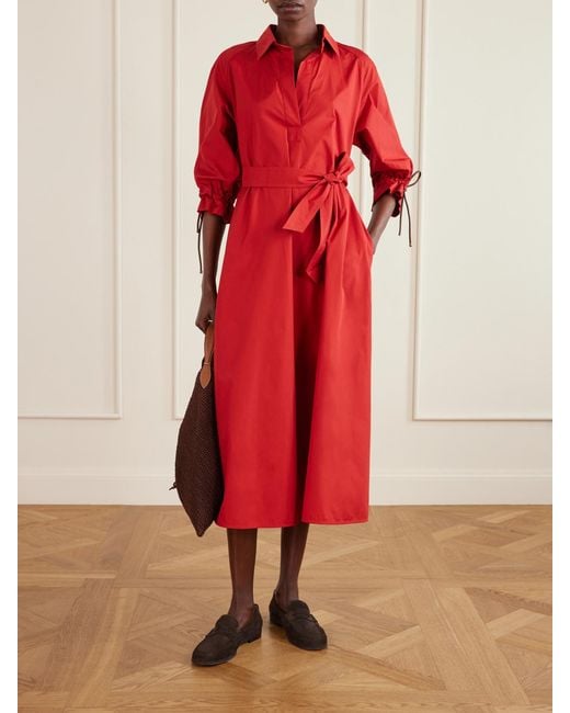 Max Mara Red Tie-Detailed Cotton-Poplin Midi Dress