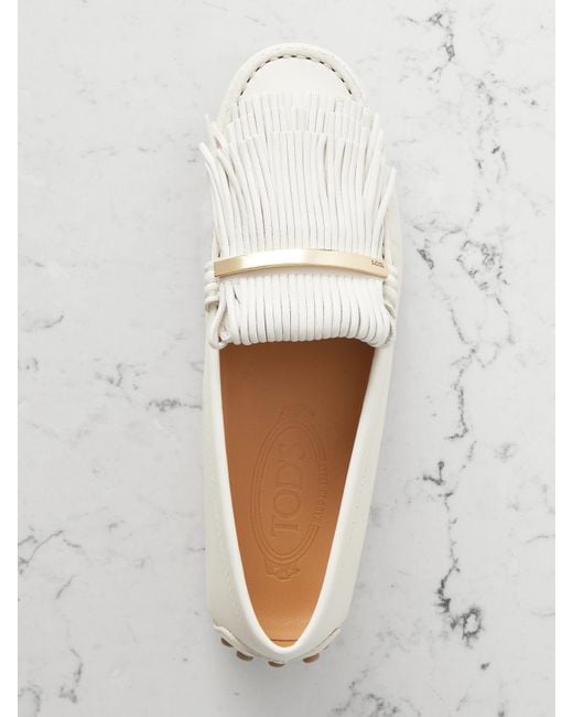 Tod's Natural Gommino Embellished Fringed Leather Loafers
