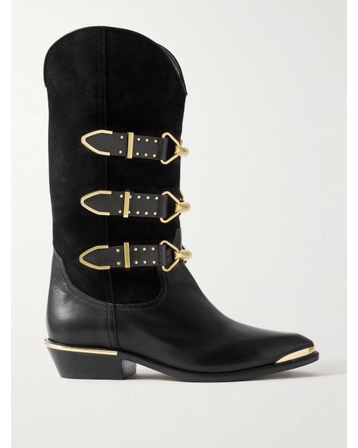 Isabel Marant Black Mexia Kniehohe Stiefel Aus Veloursleder Und Leder Mit Nieten