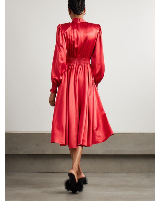 Dolce & Gabbana Red Pussy-Bow Smocked Pleated Silk-Satin Midi Dress
