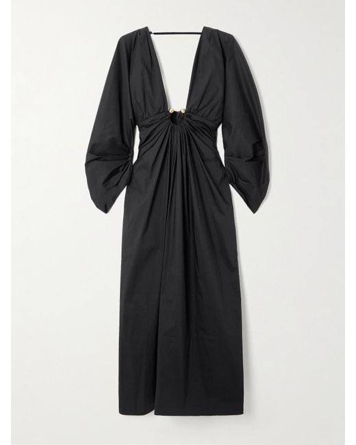 Cult Gaia Women's Black Elyza Embellished Gathered Cotton-Blend Poplin Midi Dress