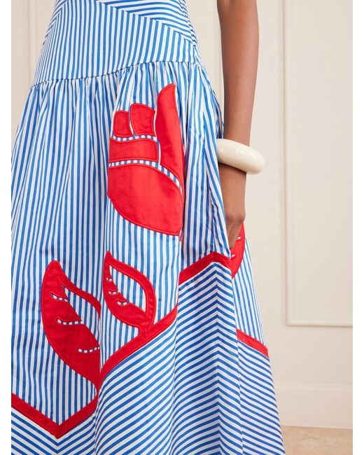 Farm Rio White Sky Striped Embroidered Cotton Poplin Midi Dress