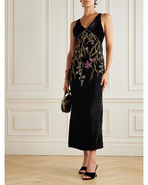 Loretta Caponi Black Zaffiro Embroidered Crystal-Embellished Velvet Midi Dress