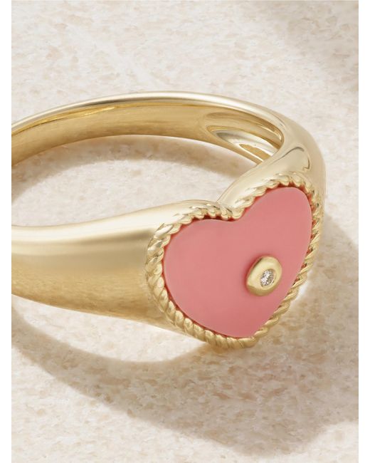 Yvonne Léon Natural Baby Chevalière 9-Karat, Coral And Diamond Signet Ring
