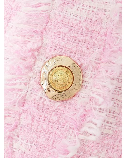 Balmain Pink Embellished Frayed Houndstooth Cotton-Blend Tweed Mini Dress