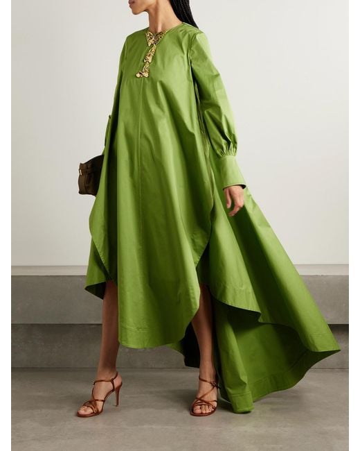 Oscar de la Renta Green Draped Embellished Cotton-Blend Taffeta Gown