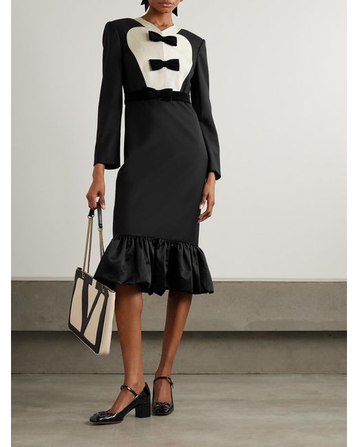 Valentino Garavani Black Belted Bow-Embellished Velvet And Ottoman-Trimmed Wool Midi Dress