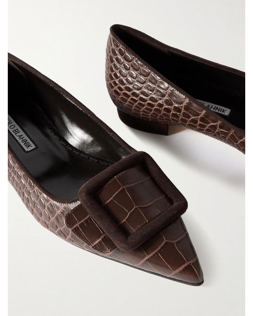 Manolo Blahnik Brown Maysale 10 Ballerinas Mit Spitzer Kappe Aus Leder Mit Krokodileffekt, Velourslederbesätzen Und Schnalle