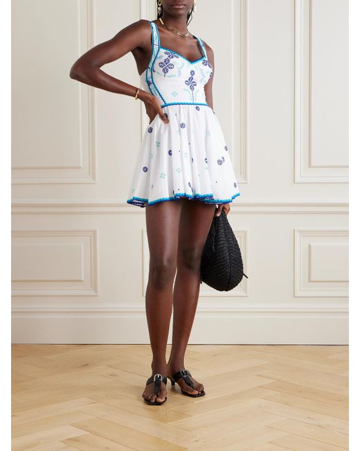 Charo Ruiz Blue Moli Shirred Broderie Anglaise Cotton-Blend Mini Dress