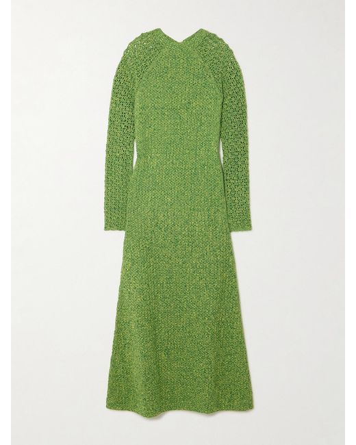 Escvdo Green Open-Back Crocheted Cotton Midi Dress