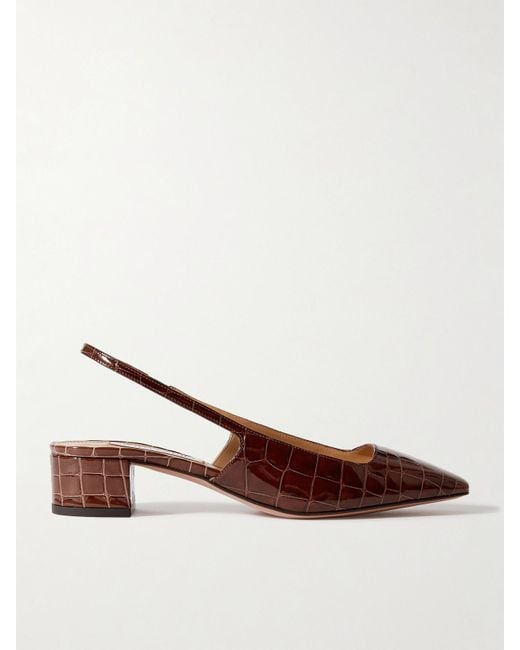 Aquazzura Brown Ginza 35 Croc-Effect Leather Slingback Pumps
