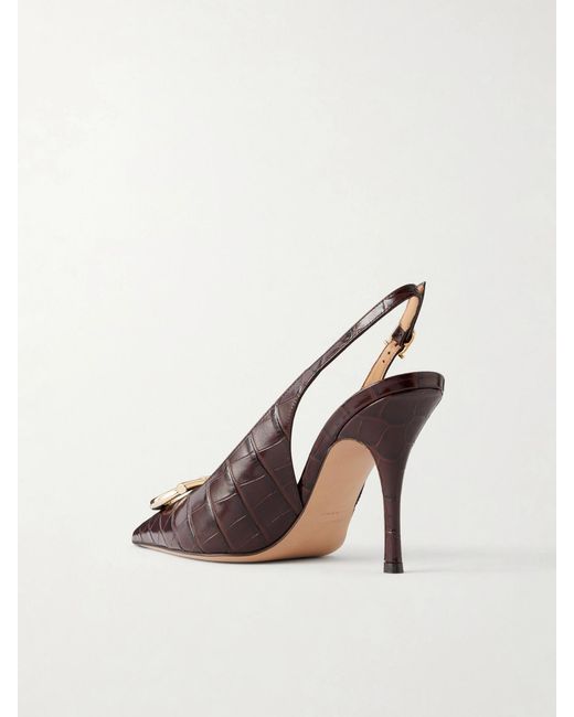 Ferragamo Brown Sara 95 Croc-Effect Leather Slingback Pumps