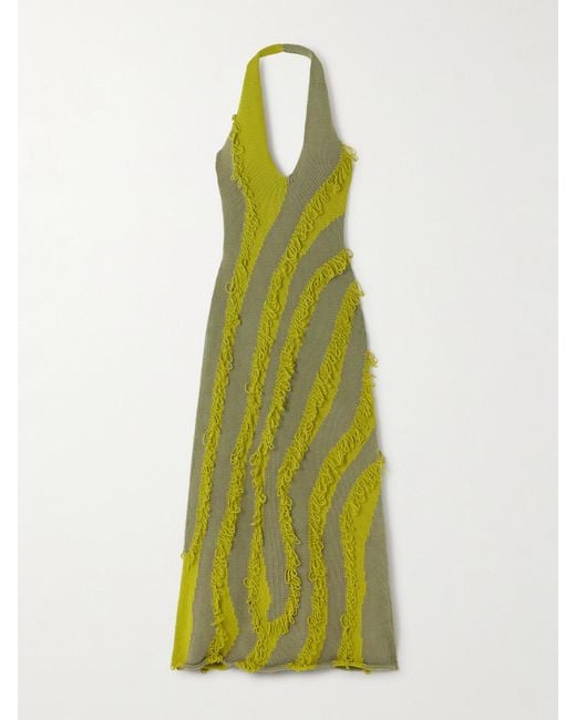 DIOTIMA Green Roaring Striped Fringed Cotton-Blend Halterneck Maxi Dress