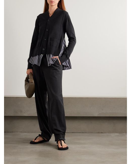 Sacai Black Layered Striped Cotton Poplin-Trimmed Cotton-Blend Jersey Cardigan