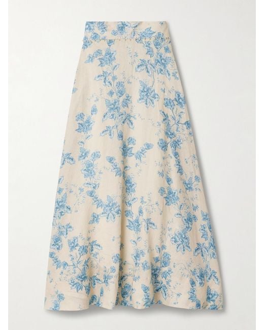 Agua Bendita Blue Bergamota Bougainvillea Embellished Floral-Print Linen Midi Skirt