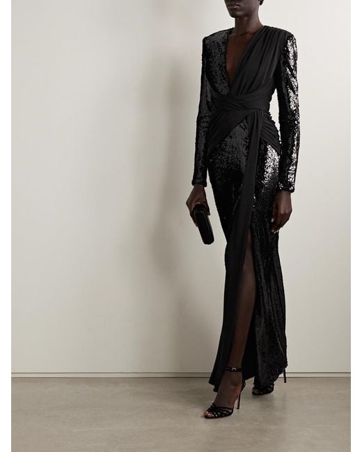 Zuhair Murad Black Draped Paneled Sequined Tulle And Jersey Gown