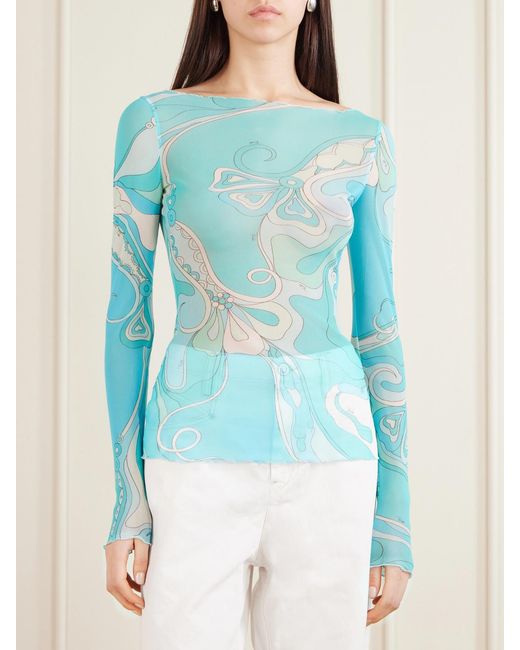 Emilio Pucci Blue Printed Stretch-Tulle Top