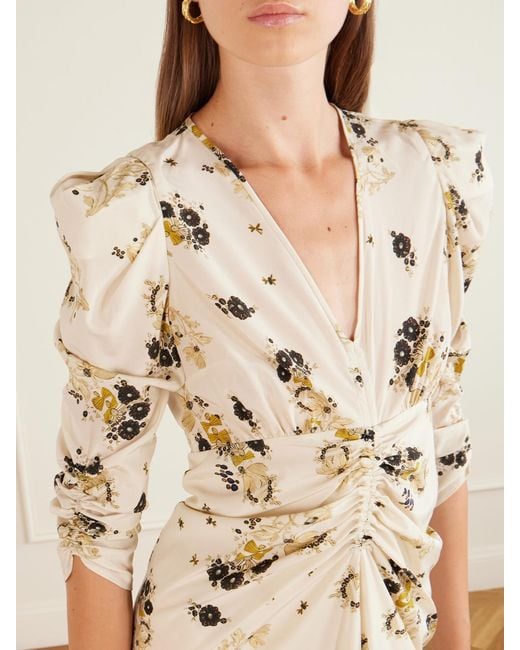 Isabel Marant Natural Albini Gathered Printed Silk-Blend Midi Dress