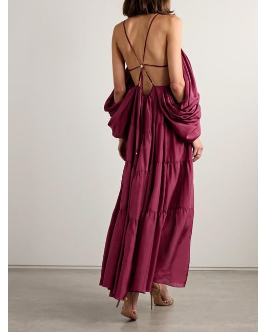 Zimmermann Tallow Cold-Shoulder Pleated Tiered Silk-Satin Maxi Dress