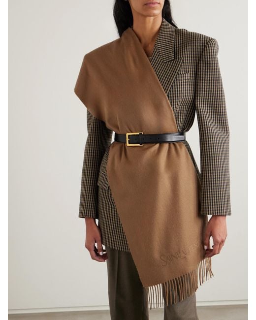 Saint Laurent Natural Fringed Embroidered Cashmere Scarf