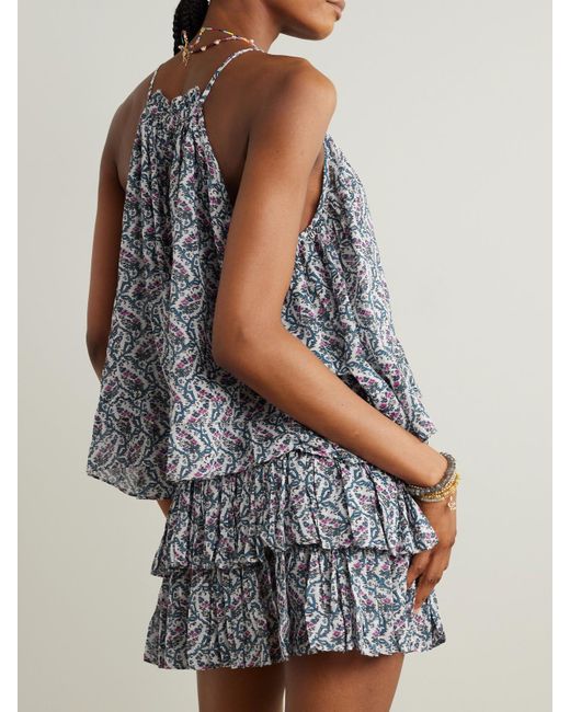 Isabel Marant Blue Fabino Tie-Detailed Ruffled Printed Cotton-Voile Blouse