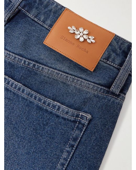 Simone Rocha Blue Embellished Distressed Wide-Leg Jeans