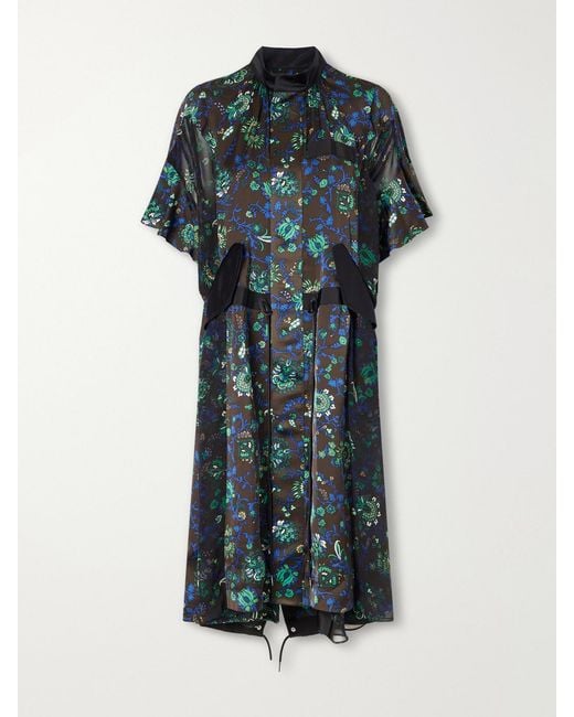 Sacai Green Floral-Print Satin Midi Dress