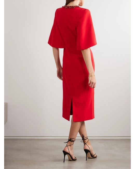Jenny Packham Red Ursa Cape-Effect Crystal-Embellished Crepe Midi Dress