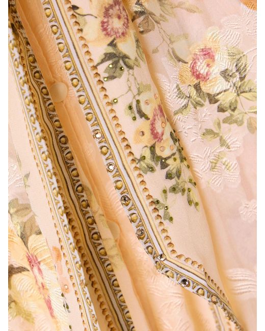 Camilla Natural Crystal-Embellished Pussy-Bow Floral-Print Silk-Blend Jacquard Blouse