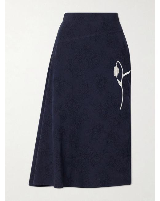 Erdem Blue Asymmetric Floral-Jacquard Cotton-Blend Midi Skirt