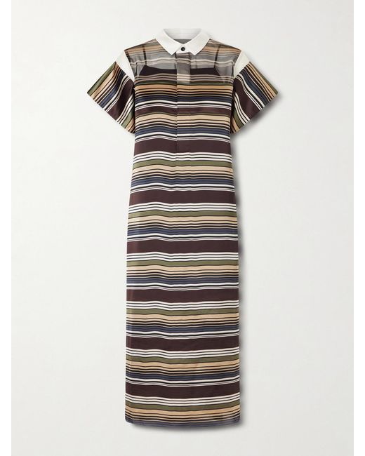 Sacai Gray Striped Organza And Satin Midi Dress