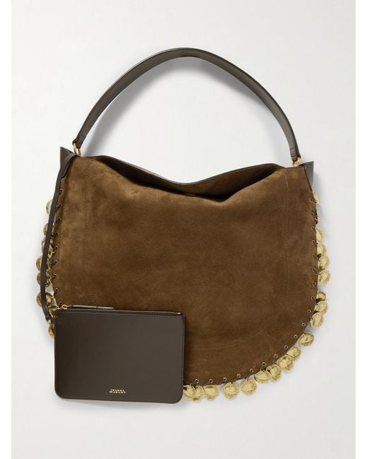 Isabel Marant Brown Oskan Soft Embellished Leather-Trimmed Suede Shoulder Bag