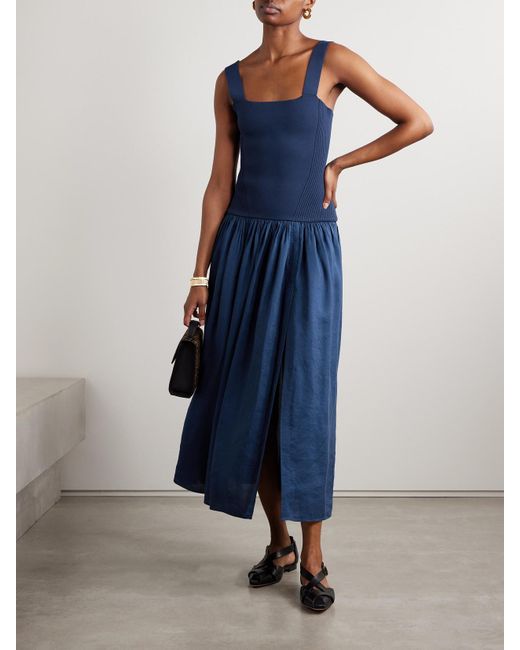 La Ligne Blue Stretch-Knit And Gathered Linen-Blend Midi Dress
