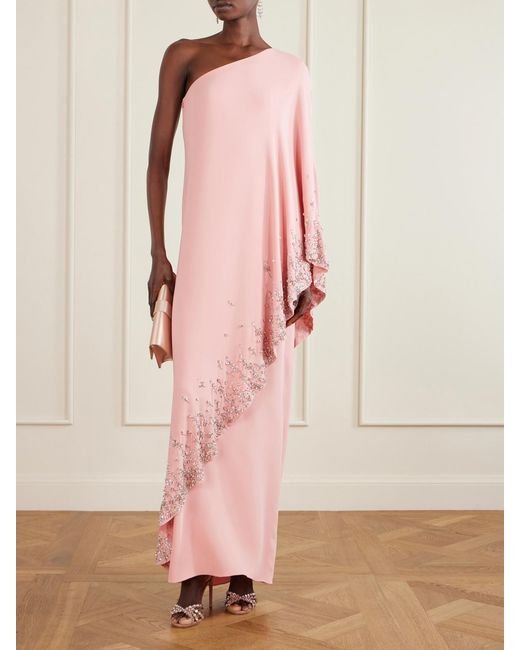 Oscar de la Renta Pink One-Shoulder Crystal-Embellished Silk-Blend Crepe Gown