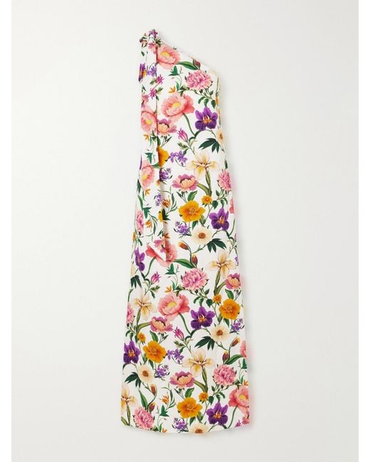 Borgo De Nor White Lani One-Shoulder Tie-Detailed Floral-Print Satin-Crepe Maxi Dress