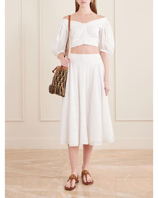 Thierry Colson White Pamela Pleated Broderie Anglaise Cotton Midi Skirt